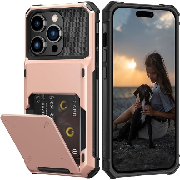 BDKWID-Compatible with iPhone 15 Pro Case with Card Holder[Store 5 Cards] Dual Layer Heavy Duty Shockproof Wallet Case with Hidden Card Slot Large Storage Cover for Men&Women 6.1''(Rose Gold)