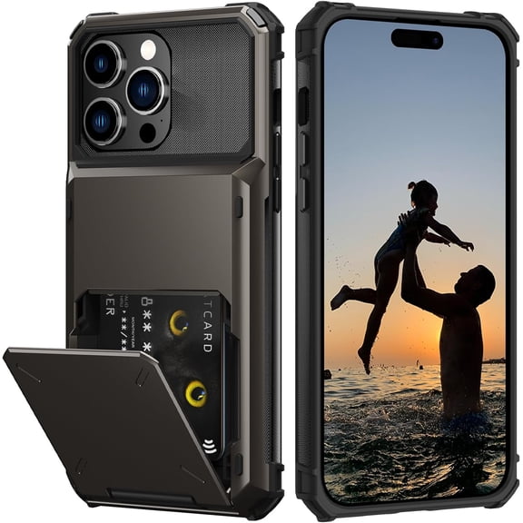 BDKWID-Compatible with iPhone 15 Pro Max Case with Card Holder[Store 5 Cards] Dual Layer Heavy Duty Shockproof Wallet Case with Hidden Card Slot Large Storage Cover for Men&Women 6.7''(Gunmetal)