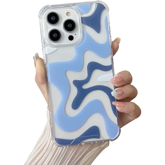 BDKWID-Compatible with iPhone 15 Pro Phone Case, Cute Art Wavy Painted for Women Girls, Soft TPU Edge PC Back Protective Shockproof Compatible with iPhone Case (Blue, iPhone 15 Pro)