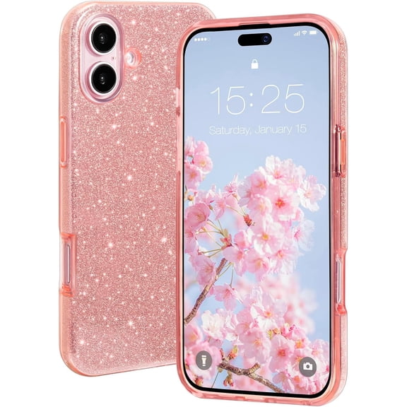 BDKWID-Compatible with iPhone 16 Case - Sparkly Glitter Bling Design - 3 Layers Slim Protective Phone Cover - Cute Aesthetic Case for Women Girl - Pink