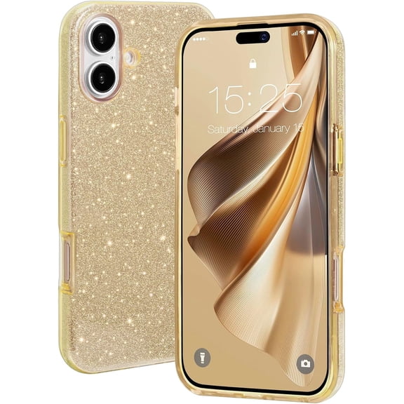 BDKWID-Compatible with iPhone 16 Plus Case - Sparkly Glitter Bling Design - 3 Layers Slim Protective Phone Cover - Cute Aesthetic Case for Women Girl - Gold