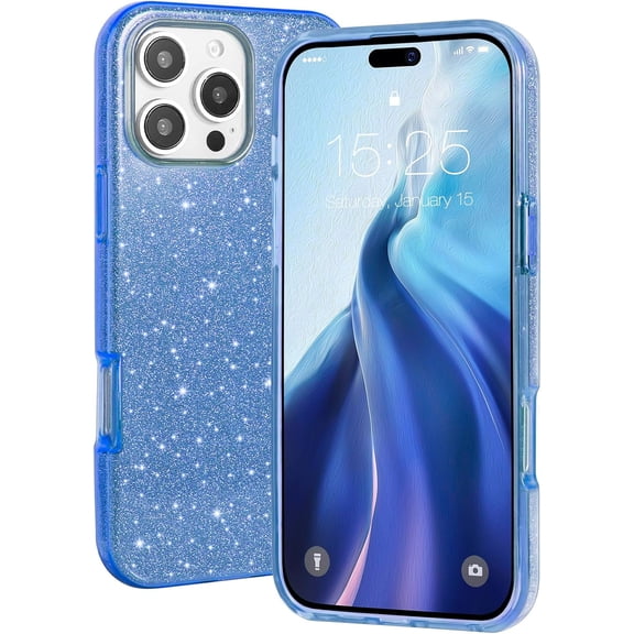 BDKWID-Compatible with iPhone 16 Pro Case - Sparkly Glitter Bling Design - 3 Layers Slim Protective Phone Cover - Cute Aesthetic Case for Women Girl - Blue