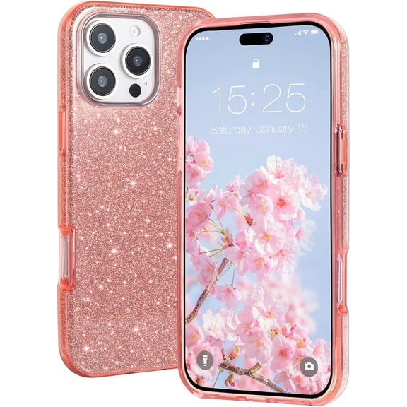 BDKWID-Compatible with iPhone 16 Pro Max Case - Sparkly Glitter Bling Design - 3 Layers Slim Protective Phone Cover - Cute Aesthetic Case for Women Girl - Pink