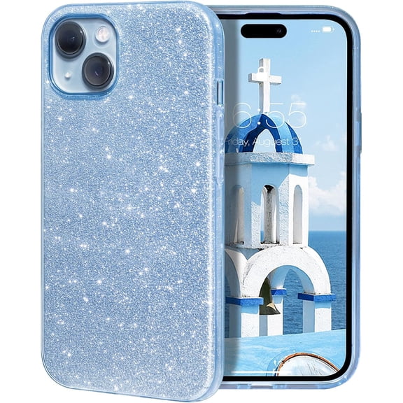 BDKWID-Compatible with iPhone 15 Case - Sparkly Glitter Bling Design - 3 Layers Slim Shockproof Protective Bumper Phone Cover - Blue