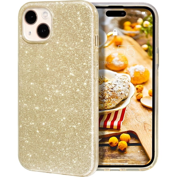 BDKWID-Compatible with iPhone 15 Case - Sparkly Glitter Bling Design - 3 Layers Slim Shockproof Protective Bumper Phone Cover - Gold