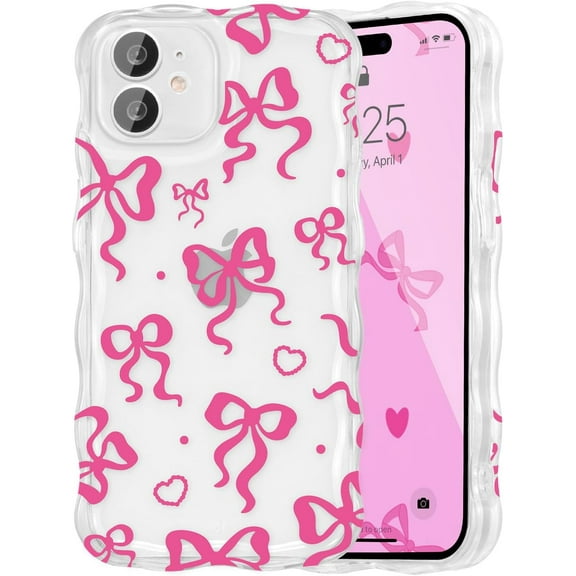 BDKWID-Cute Heart Bow Case for iPhone 12, Wave Ribbon Bows Phone Case Pretty Aesthetic Cover Cute Clear Shell Soft Bownot Phone Cover for Women and Girl - Hot Pink
