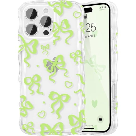 BDKWID-Cute Heart Bow Case for iPhone 15 Pro, Wave Ribbon Bows Phone Case Pretty Aesthetic Cover Cute Clear Shell Soft Bownot Phone Cover for Women and Girl - Green