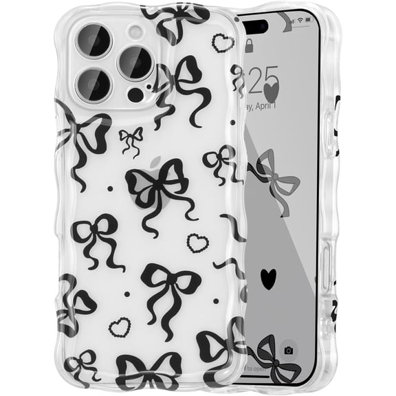 BDKWID-Cute Heart Bow Case for iPhone 16 Pro Max 6.9 inch, Wave Ribbon Bows Phone Case Pretty Aesthetic Cover Cute Clear Shell Soft Bownot Phone Cover for Women and Girl - Black