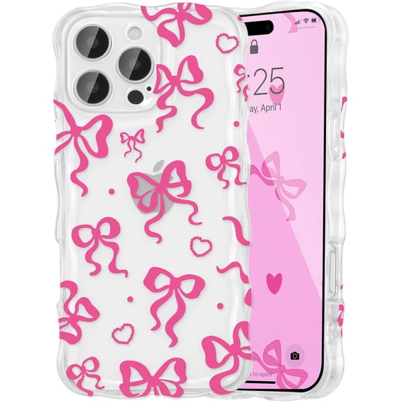 BDKWID-Cute Heart Bow Case for iPhone 16 Pro Max, Wave Ribbon Bows Phone Case Pretty Aesthetic Cover Cute Clear Shell Soft Bownot Phone Cover for Women and Girl - Hot Pink