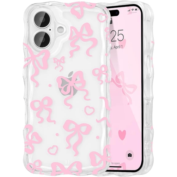 BDKWID-Cute Heart Bow Case for iPhone 17, Wave Ribbon Bows Phone Case Pretty Aesthetic Cover Cute Clear Shell Soft Bownot Phone Cover for Women and Girl - Pink
