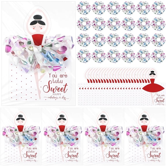 BDKWID-Dance Valentines Gifts Valentines Ballerina Cards with Hair Scrunchies Ballet Accessories Headband for Exchange Gift Party Favor(Hot Stamping,24 Pcs)