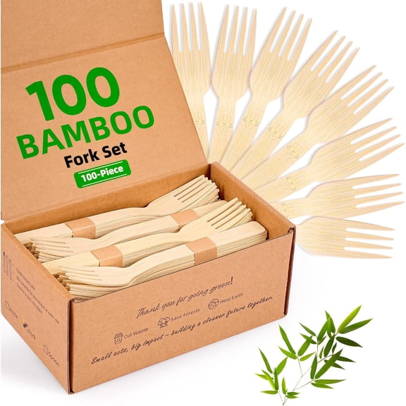BDKWID-Disposable Bamboo Utensils Set, Compostable Cutlery, Eco-Friendly Disposable Silverware for Parties, Catering, Office Lunches 100 PCS Forks