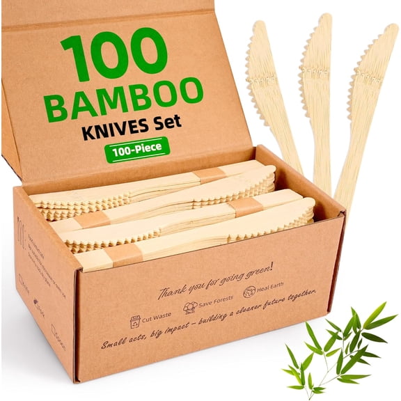 BDKWID-Disposable Bamboo Utensils Set, Compostable Cutlery, Eco-Friendly Disposable Silverware for Parties, Catering, Office Lunches 100 PCS Knives