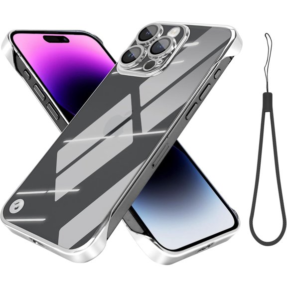 BDKWID-Electroplate Frameless Phone Case Compatible with iPhone 14 Pro Max Clear Minimalist Case, Transparent Clear Plating Silver Frameless Design, Lens Protects Shockproof Case
