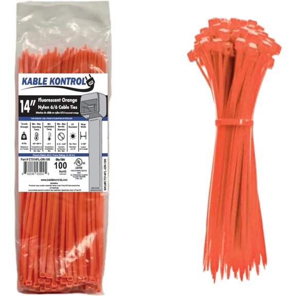 BDKWID-Kable Kontrol Fluorescent Orange Zip Ties 14 Inch 100 Pcs, 50 Lbs Tensile Strength, Self-locking Nylon Colored Cable Ties Wire Wraps for Indoor or Outdoor Use
