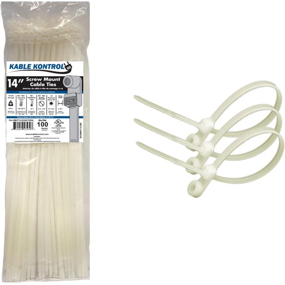 BDKWID-Kable Kontrol Zip Ties with Screw Hole, 14 Inch 100 Pcs Natural, 50 Lbs. Tensile Strength, Self-Locking, Multipurpose Mounting head Cable Ties for Indoor & Outdoor Use
