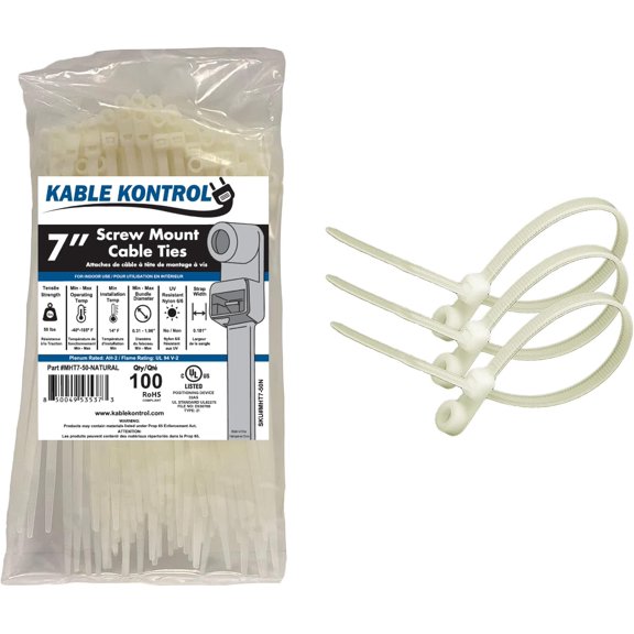 BDKWID-Kable Kontrol Zip Ties with Screw Hole, 7 Inch 100 Pcs Natural, 50 Lbs. Tensile Strength, Self-Locking, Multipurpose Mounting head Cable Ties for Indoor & Outdoor Use