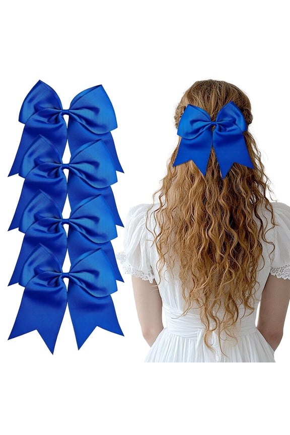 -Large Blue Hair Bows, 4-Pack Grosgrain Ribbon Cheer Bows, Classic Style Hair Accessories