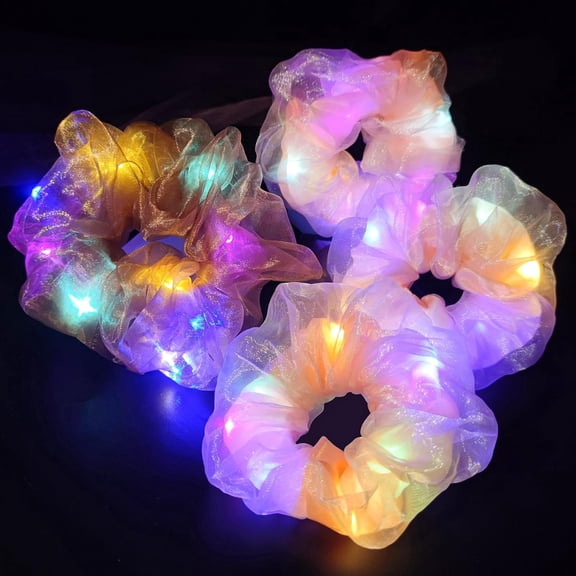 BDKWID-Light Up Scrunchies, LED Scrunchy Hair Ties Glow in the Dark Party Supplies Glow Sticks Party Favor Festival Rave Accessories for Neon Party, Fun Hair Scrunchies (4Pcs-Pink+brown)