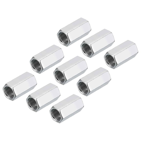 BDKWID-M10 x 1 Pitch Carbon Steel Hex Coupling Nuts, 12Pcs 25mm/ 1" Length Fully Threaded Rod Coupling Nut Stud Fine Thread Pipe Connector Fasteners, Silver