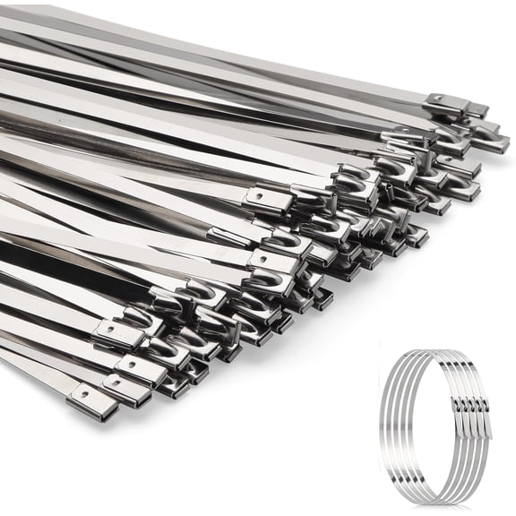 BDKWID-Metal Zip Ties 100pcs 11.8 inch 304 Stainless Steel Zip Ties Heavy Duty Multi-Purpose Self- Locking Cable Ties for Outdoor Fence, vehicles, Machinery, Exhaust Wrap,Farms, Pipes, Cable