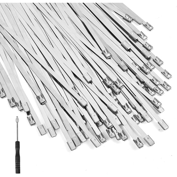 BDKWID-Metal Zip Ties 11.8 inch 100pcs 304 Stainless Steel Zip Ties Heavy Duty Multi-Purpose Self-Locking Cable Ties for Machinery, Vehicles, Exhaust Wrap, Farms, Pipes, Roofs, Cables, and Outdoor Fe
