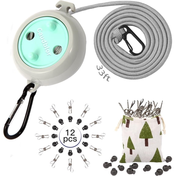 BDKWID-Portable Travel Clothesline Cord, Adjustable 33ft Camping Clothes line, Laundry Drying Rope for Hotel Trip, Cruise, Outdoor/Indoor, with 12Pcs Stoppers, Windproof Clothespins
