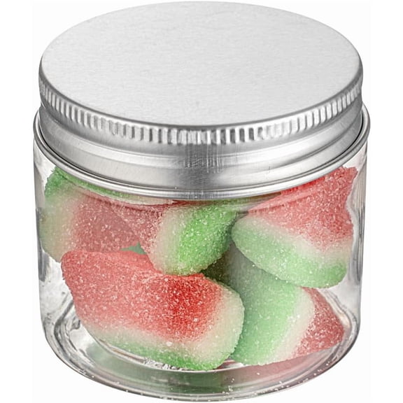 BDKWID-RW Base 2 Ounce Candy Jars 10 Durable Kitchen Storage Containers - Round Airtight Seal Clear Plastic Snack Jars With Silver Aluminum Lids For Table Display Or Candy Buffet