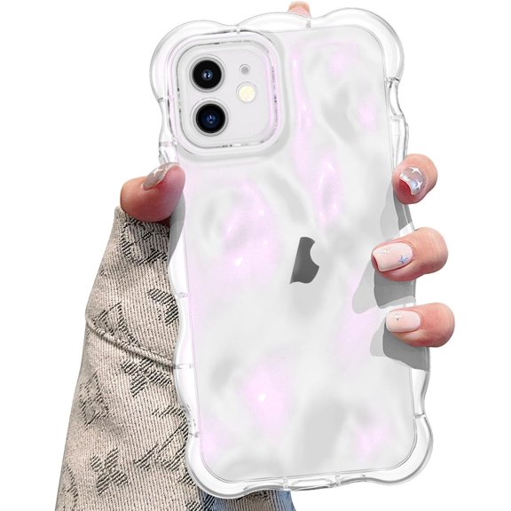 BDKWID-Ripple Case for iPhone 11, Cute Silver Cover Wave Shape for iPhone Case Pretty Aesthetic 3D Phone Cover, Water Ripple Shell 3D Chrome Design for Women and Girl, Clear Pink