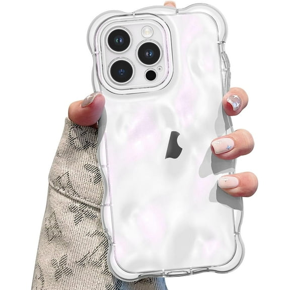 BDKWID-Ripple Case for iPhone 15 Pro, Cute Silver Cover Wave Shape for iPhone Case Pretty Aesthetic 3D Phone Cover, Water Ripple Shell 3D Chrome Design for Women and Girl, Clear Pink