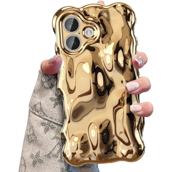 BDKWID-Ripple Case for iPhone 16 Plus, Cute Silver Cover Wave Shape for iPhone Case Pretty Aesthetic 3D Phone Cover, Water Ripple Shell 3D Chrome Design for Women and Girl, Gold