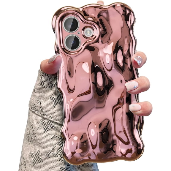 BDKWID-Ripple Case for iPhone 17, Cute Silver Cover Wave Shape for iPhone Case Pretty Aesthetic 3D Phone Cover, Water Ripple Shell 3D Chrome Design for Women and Girl, Rose Gold