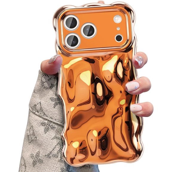 BDKWID-Ripple Case for iPhone 17 Pro Max, Cute Silver Cover Wave Shape for iPhone Case Pretty Aesthetic 3D Phone Cover, Water Ripple Shell 3D Chrome Design for Women and Girl, Silver Orange