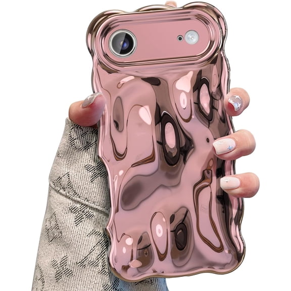 BDKWID-Ripple Case for iPhone Air, Cute Silver Cover Wave Shape for iPhone Case Pretty Aesthetic 3D Phone Cover, Water Ripple Shell 3D Chrome Design for Women and Girl, Rose Gold