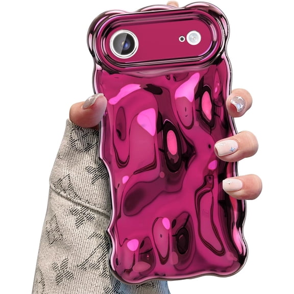BDKWID-Ripple Case for iPhone Air, Cute Silver Cover Wave Shape for iPhone Case Pretty Aesthetic 3D Phone Cover, Water Ripple Shell 3D Chrome Design for Women and Girl, Silver Hot Pink
