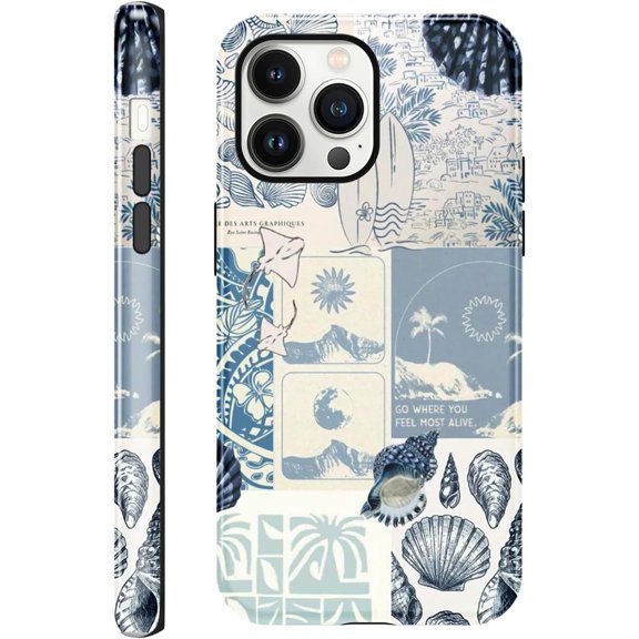 BDKWID-Seashell foror iPhone 13 Pro Case 6.1",Beach Blue Collage Coast Cute Summer Phone Cases for Girl Women Boy Men TPU Scratch Resistant Shockproof Cover Cases,Coastal World