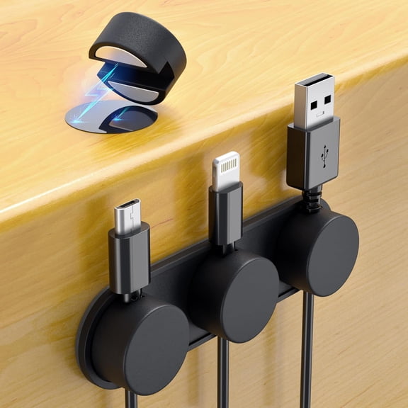 BDKWID-Silicone Magnetic Cable Clips 4+1, Phone Cord Holder for Office Desk Nightstand Organization, Mag Dock Cable Storage Hub Supports Lightning, USB C, Micro Cables (Black)
