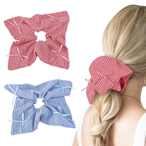 BDKWID-Square Hair Scrunchies for Women & Girls, Elegant Lattice Plaid Hair Ties No Damage Rubber Bands Cute Hair Accessories (Pink & Blue)