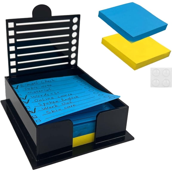 BDKWID-Sticky Note Holder with Stencil,3.73.51.2in Post Note Holder with 2pack Sticky Notes,Black Acrylic Post It Note Holder with Anti-Skidding Mats for Dorm Room and Office Desk Organizer
