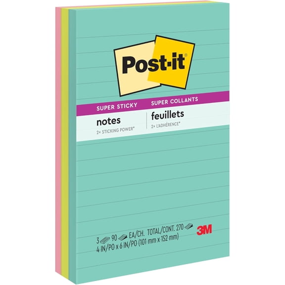 BDKWID-Super Sticky Lined Notes, 4 in x 6 in, Multi-Colored, 3 Pads/Pack (45 Sheets/Pad, 135 Sheets Total), Lined Neon Sticky Notes with 2X Adhesive for Lists and Reminders