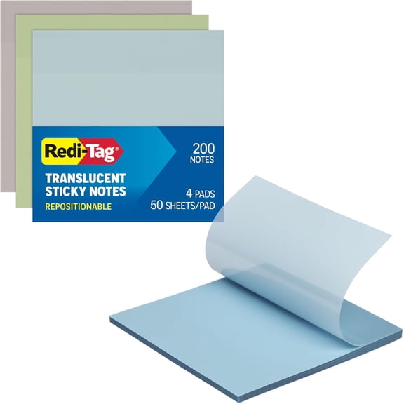 BDKWID-Translucent Sticky Notes, Transparent Self-Stick Notes, 3" x 3", Calming Colors, 4 Pads, 50 Notes Per Pad, 200 Sheets (1006592)