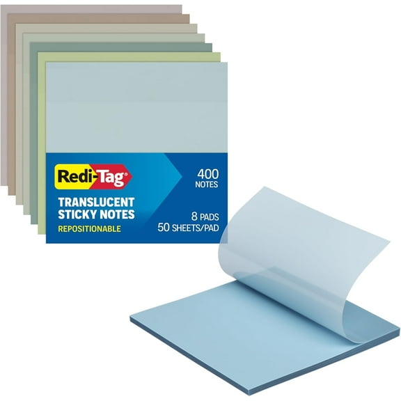 BDKWID-Translucent Sticky Notes, Transparent Self-Stick Notes, 3" x 3", Calming Colors, 8 Pads, 50 Notes Per Pad, 400 Sheets (1006594)