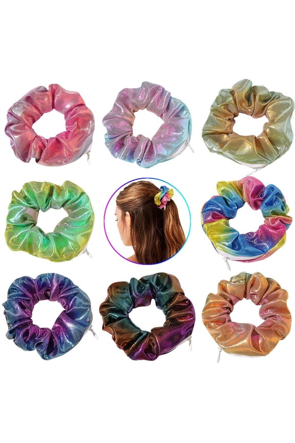 -Women Shiny Metallic Scrunchies with zipper pouch tie dye scrunchies for girls secret zipper pocket scrunchies Tie Hidden Pocket scrunchies Hair Bands Soft Stash Hair Elastic Ties for Vsco Gir