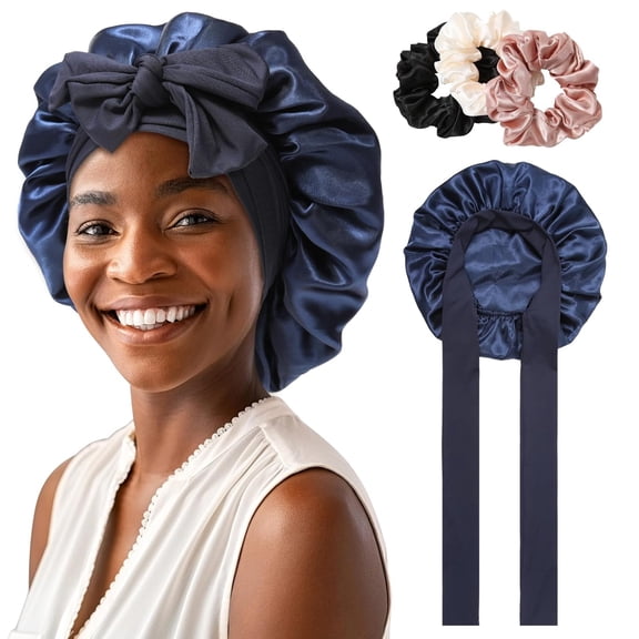 BDKWID-Women's Large Satin Sleep Cap Nightcap with 3 Bonus Satin Hair Scrunchies (Navy)