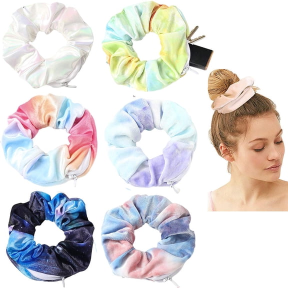 BDKWID-Women's Velvet Multicolor Hair Ties with Secret Zipper Pouch - Tie Dye Scrunchies and Soft Stash Elastic Ties for Vsco Girl Stuff (6 Pcs C)