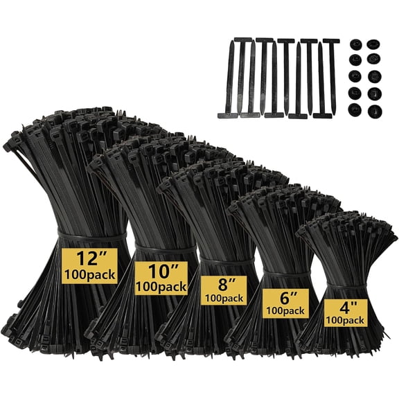 BDKWID-Zip Ties, Cable Ties, 4"+6"+8"+10"+12" 510Pcs Black High-Grade Self-Locking Nylon Zip Ties, Tensile Strength 18-48Lb For Home Office, Garden, Workshop Fences