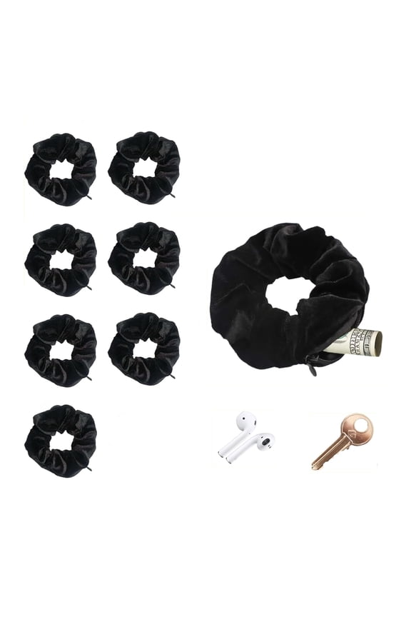 -Zipper Scrunchie,Velvet Scrunchie with Zipper Pocket for Women - Hair Tie with Hidden Storage Compartment for Cash, Lipstick, Keys & Valuables | Hidden Compartment Items for Travel (Black, 8)