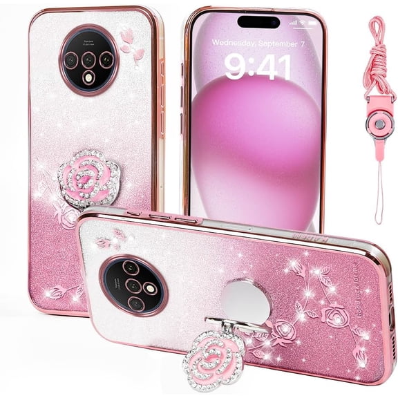 BDKWID-for Oneplus 7T Case, Mobile Phone Case for Plus One 7T Cute Soft Slim Cover for Girls Women with Ring Stand Strap Lanyard Shockproof Protective Cover for Oneplus 1+7T (Rose Gold)