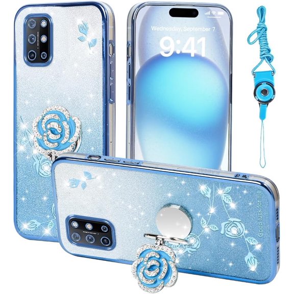 BDKWID-for Oneplus 8T Case, Mobile Phone Case for Plus One 1+ Cute Soft Slim Cover for Girls Women with Ring Stand Strap Lanyard Shockproof Protective Cover for Oneplus 1+8t (Blue)
