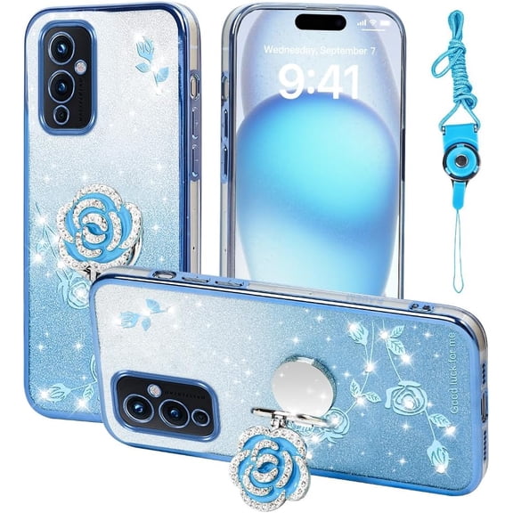 BDKWID-for Oneplus 9 Case, Mobile Phone Case for Plus One 9 Cute Soft Slim Cover for Girls Women with Ring Stand Strap Lanyard Shockproof Protective Cover for Oneplus 1+9 (Blue)